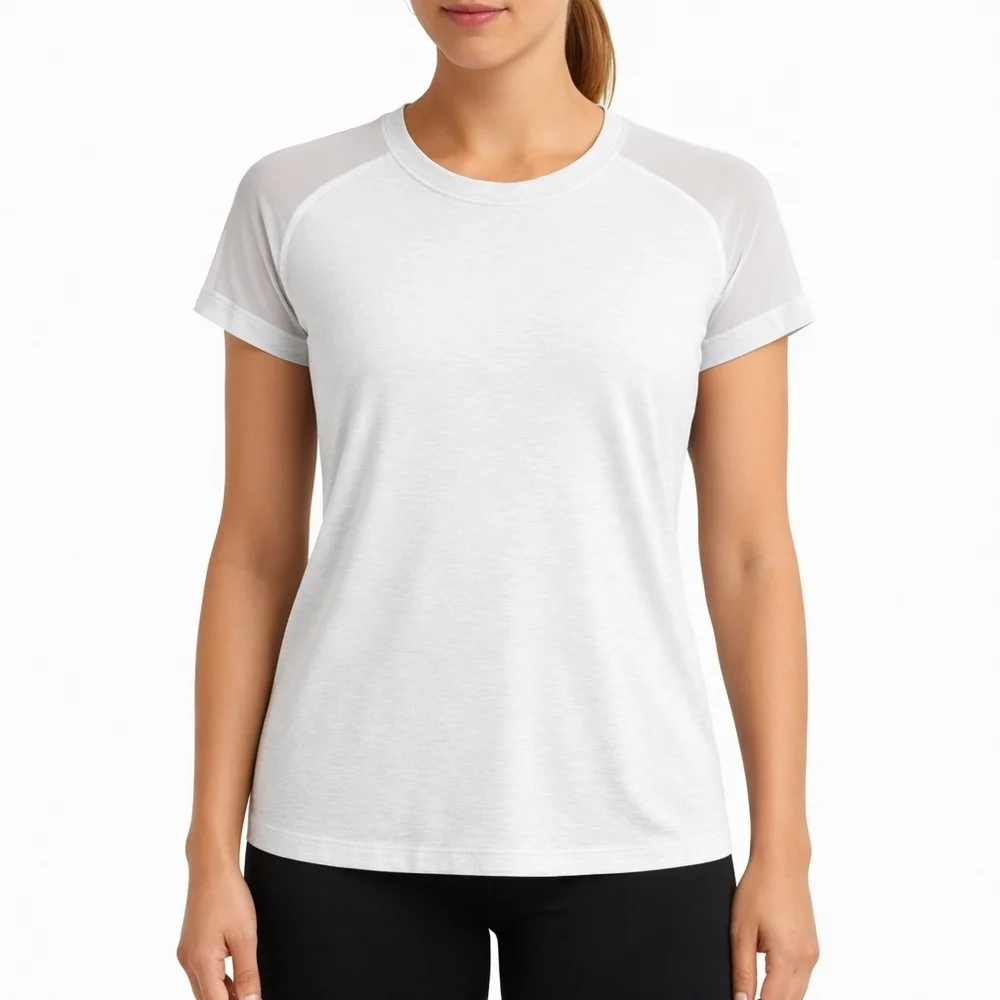 Athleta Mesh Shoulder Active Tee Gray White Workout Top Small - Picture 14 of 14